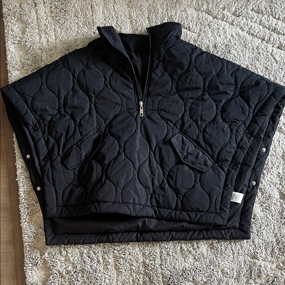 Black Quilted Poncho with Zipper